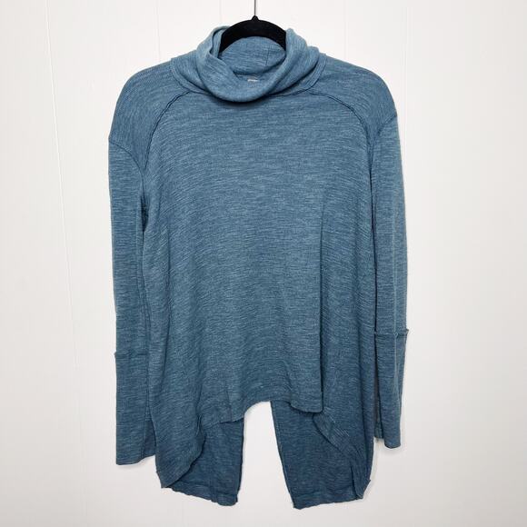 Free People Split Back Cowl Neck Long Sleeve Top Teal Blue Small S Cotton Blend - Picture 1 of 14